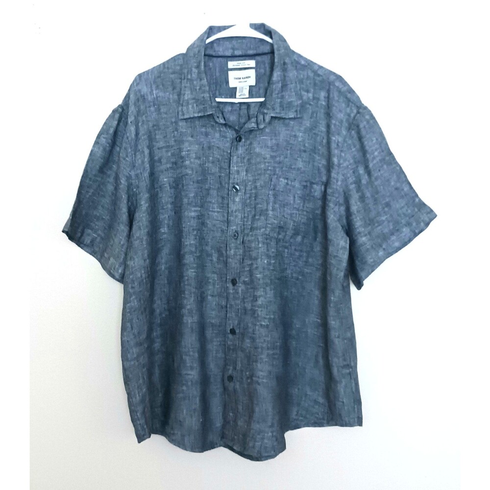 NEW Thom Aaron 100% Linen Navy Shirt S/S Button Front European Flax XXL